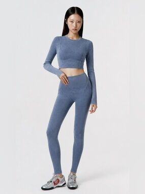 Verish Alltension Blue Ribbed 2 Piece Set Leggings & Long Sleeve Crop Top Sz S/M